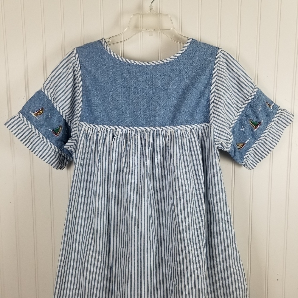 Striped Sailboat Embroidered Short Sleeve Light Denim Dress Summer Nautical S/XS - Picture 10 of 14